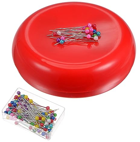 QUARKZMAN Magnetisches Nadelkissen Runde Form mit 100Stk Vielfarbig Plastik Kopf Stifte Magnetstifte Halter für Nähen Quilten Nadeln Stifte Haar Bobbystifte Rot