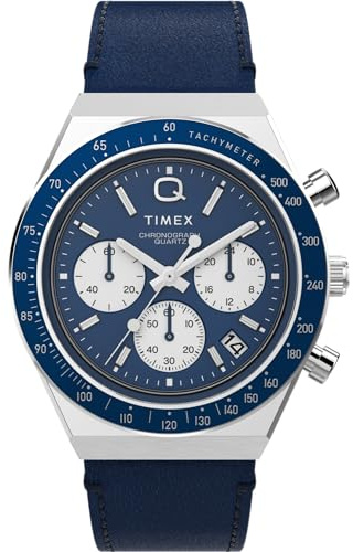 Timex Reloj Q Chronograph - Reloj de 40 mm para Hombre, Cuero Azul, Correa de liberación rápida de Dos Piezas, Esfera Azul, Caja de Acero Inoxidable TW2W51700