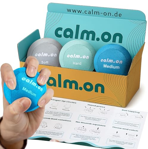 Calm.on® Anti Stress Ball für Erwachsene, 3 Quetschbälle in verschiedenen Stärken & Farben – Handtrainer & Fingertrainer für Erwachsene & Kinder, inkl. Booklet mit 12 Übungen gegen Stress – Stress.off
