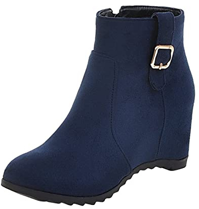 Stivaletti da donna con tacco in camoscio, alla caviglia, con zeppa, con chiusura lampo, antiscivolo, da lavoro, per autunno e inverno, Blu, 38