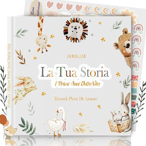ZORKAM Album Ricordi Neonato - Album Nascita Bambino Bambina Fino a 5 Anni Di Vita stile Neutro- Regalo da Costudire per Sempre-Ottima Idea regalo nascita bimbo bimba Baby shower-Foto e scritte 80 P