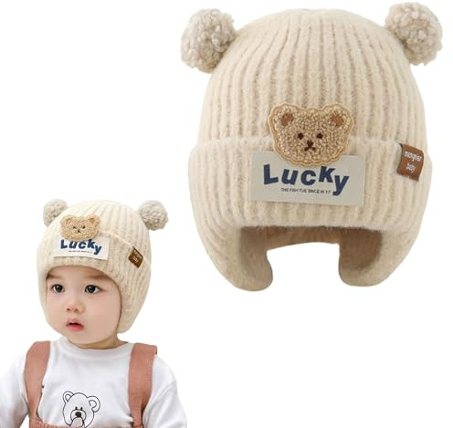 DWE Baby Winter Hat, Lucky Bear Infant Toddler Warm Beanie Hat with Earflap, Cold Weather Baby Boys Girls Hats with Pom Pom (UK, Age, 6 Months, 24 Months, Beige)