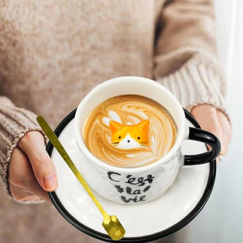 HWSWSH 200ml Katze Teetassen mit 1 Untersetzer und 1 Löffel, 3D Tier Katzentasse, Keramik Süße Tassen, Süße Becher Katzen, Kaffeebecher, Cappuccinotasse Geschenke für Freunde, Frauen und Freundinnen