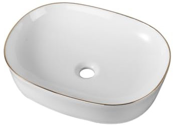 DILECI - Vasque à Poser Ronde Ovale Blanche avec Liseré Doré - Lavabo Élégant en Céramique - Design pour Salle de Bain Moderne ou Industrielle - Idéal pour Plan de Travail ou Meuble Suspendu