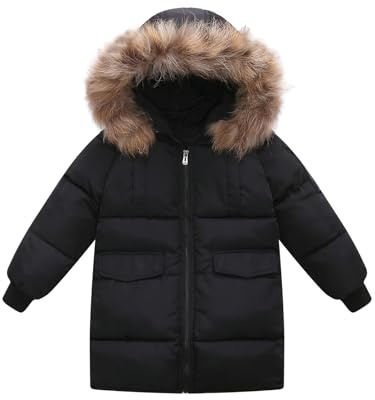 Valcatch Veste d'hiver camouflage pour garçons et filles, manteau noir pour enfants de 2 à 12 ans, veste doudoune matelassée chaude avec capuche en fausse fourrure détachable, parka résistante à l'eau