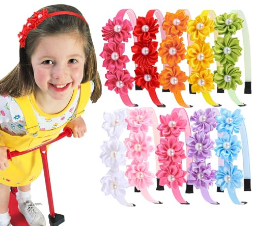 XIMA Pearl Flower Headbands for Girls,Satin Hair Bands with Flowers, Multiple Colors Pack of 10