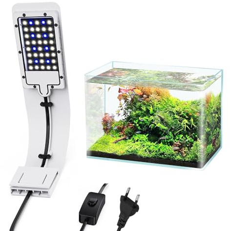 YANGUN Illuminazione a LED per acquario, clip 10 W, ultra sottile, luce bianca e blu, IPX7, impermeabile per pesci e piante acquatiche (bianco)