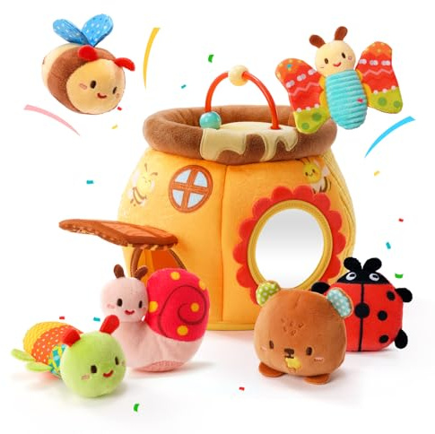 Koty Baby Toys 0-6 Months,Bee House Sensory Toy, Interactive Plush Beehive wtih rattles, queaker, Mirror, Busy Montessori Soft Toys for Toddlers 0-3,Development Toy for Infants 6-12 Months