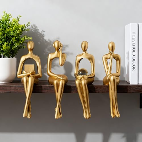 Yolispa Figura sentada, 4 Piezas Estatua de Pensador Dorado, de decoración de estantería, Escultura Abstracta Moderna, Estatua de Pensador Sentado para decoración del hogar y la