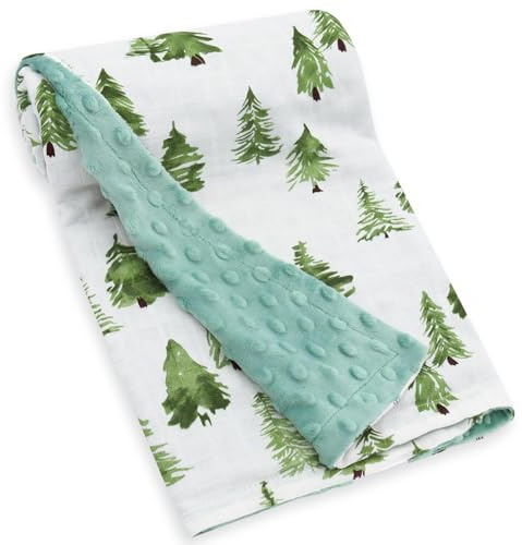 LifeTree Baby Blankets for Newborn, Soft & Lightweight Swaddle Blankets, Muslin Front and Dotted Fleece Backing Receiving Bed Throw Blanket Unisex, 31X40 Inches, Baby Girl & Boy Blanket, Pine Tree