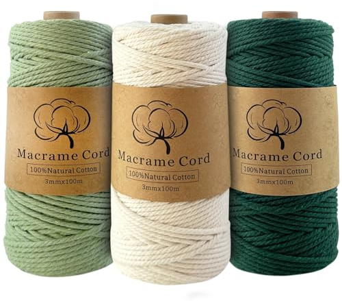 Filo macrame 3mm, Filato di cotone macramè，3mm x 100 m, Set di 3 rotoli di filo macramè intrecciato,Naturale corda di cotone Intrecciata per piante fai da te, Artigianato (Green)