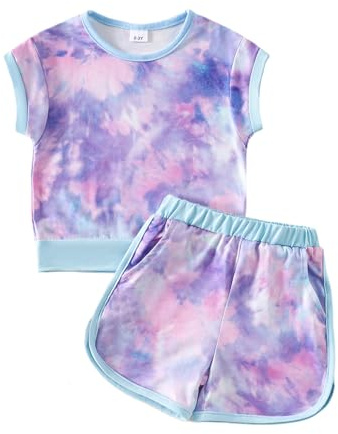FishingDino Toddler Girl Clothes Summer Set 2T-6T, Short Sleeve Color Block Sporty Sweatsuit Outfit, 2 Piece Kids Clothes Girls Clothing for Active Play & Daily