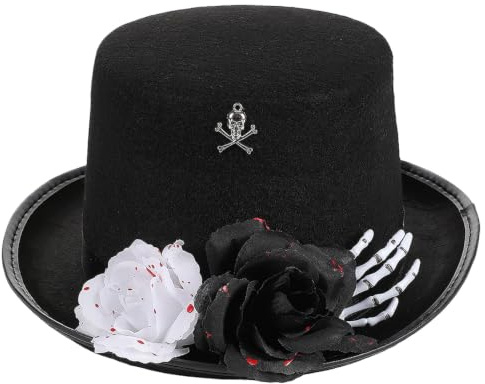 DOITOOL Halloween svart cylinderhatt: Vampyr mörk huvudbonad med skeletthand, utklädd partyhatt med röd ros, viktoriansk steampunk huvudbonad för cosplay-dräkt