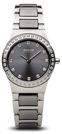 BERING Damen Quarz Uhr | Armbanduhr 26 mm silbernes Edelstahlgehäuse und graues Zifferblatt | Edelstahlband mit Keramikelementen | 5 ATM | 32426-703