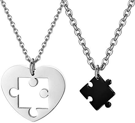 Fu You 2 Stücke Edelstahl Freundschaft Anhänger Kette für Liebe Herren Damen Verliebte Paare Anhänger Halskette Puzzle Anhänger Herz, Kette Paare Herz, Herz Kette Anhänger Paare Puzzle Silber Schwarz