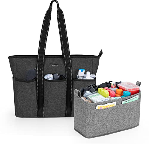 Damero Nurse Tote Bags with Purse Organizer Insert, Nurse Bags for Work with Padded 15.6'' Laptop Sleeve and Multiple Pockets, Black