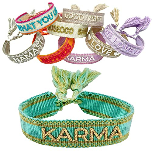 LS-LebenStil Exklusives Statement Armband - das Original - Karma Türkis Gold 16-20cm Quasten besticktes Boho Canvas Webarmband Damen Freundschaftsarmband Geschenk gewebt textil Stoffarmband