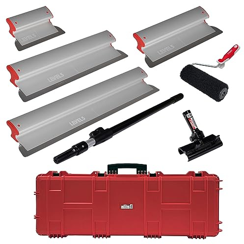 LEVEL5 Skimming Blade Set with Case | 10, 16, 24, 32 Inch Skimming Blades, 37-63 Inch Extendable Handle, Compound Roller & Transport Case | for Smoothing Walls and Ceilings | 5-550