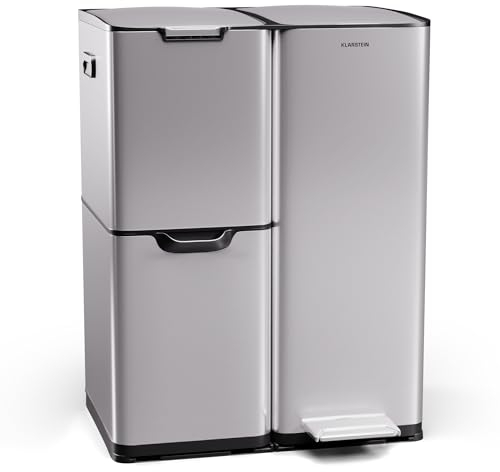 Klarstein Tiyo 3-in-1 Mülleimer - 60L Küchen-Abfalleimer mit Pedale & Soft-Close-Deckel, Edelstahl, herausnehmbare Eimer, Trennsystem, Aufkleber