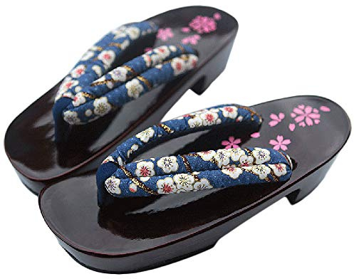 Rubruan Sandales d'été pour femme – Chaussures traditionnelles japonaises en bois Geta Kimono Fleur de cerisier Sakura Motif imprimé Antidérapant Poli Tongs Cosplay Sabots, Bleu2, 38/40 EU