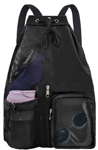 lifwimner Mesh Beach Backpack with Wet Pocket Drawstring Pool Bag Waterproof Swimming Bag Gym Backpack for Men & Women(Black)