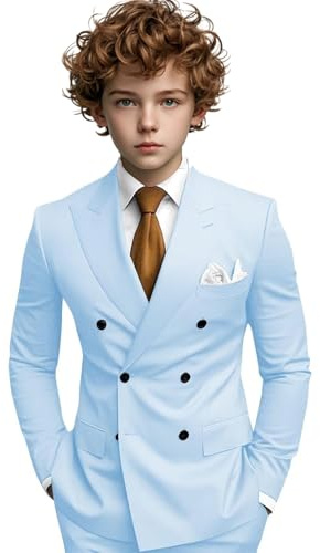 Boys Suit 3 Piece Double Breasted Suit for Boys Tuxedo Kids Suit Slim Fit Formal Suits for Wedding Prom Party Pageboy Outfit,Light Blue 14-15 Years