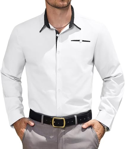 Elainone Men's Dress Shirts Long Sleeve Formal Business Shirts for Men Contrast Colour Casual Shirts with Pocket White 3XL
