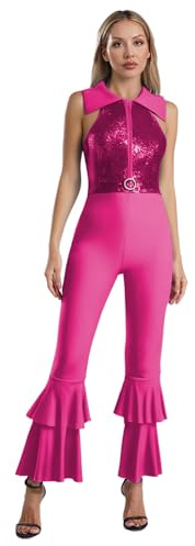 Yhong Justaucorps de Danse Disco pour Femmes, Combinaison sans Manches à Paillettes, Fermeture Éclair, Bas Cloche, Salopette, Ensembles de Pantalons Rose vif 4XL
