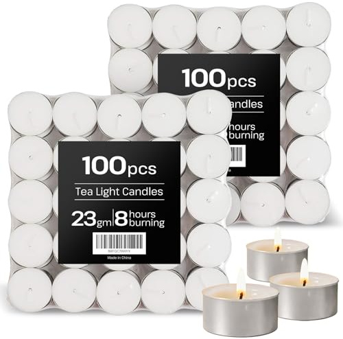 8 Hour Tea Light Candles 200 Pack Long Burning Time Unscented White
