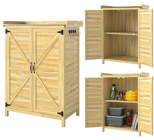 Outsunny Armoire de Jardin en Bois avec Étagère et Crochets, Armoire Extérieure de Rangement, Plan de Travail en Métal Galvanisé, Table de Rempotage, 71,5x39x95cm, Bois Naturel