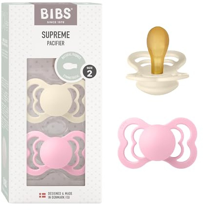 BIBS Supreme Soother 2-Pack, BPA Free Dummy Pacifier, Symmetrical Nipple. Natural Rubber Latex, Size 2 (6-18 Months), Ivory/Baby Pink