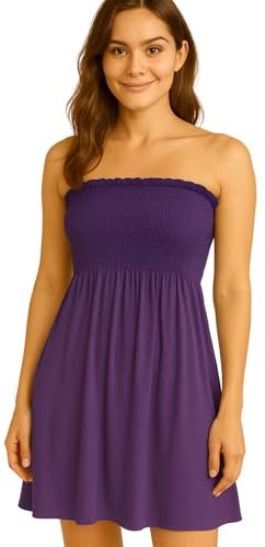 STAR FASHION Women’s Strapless Sheering Ruched Bandeau Dress Plain Boob Tube Sleeveless Midi Dress Summer Holiday Beach Flared Dress Soft Stretch Purple 12-14
