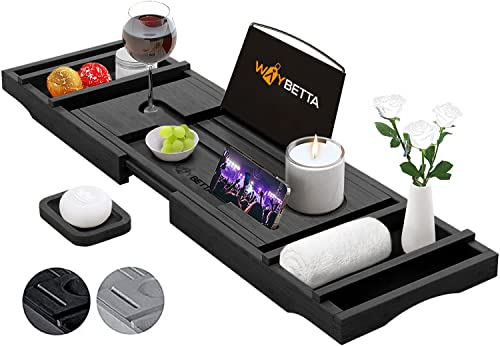 Luxury Bamboo Bathtub Caddy Tray Bath Table with Wine Glass Holder, Book & Tablet Slot – Adjustable Spa Organizer for Relaxation – Includes Free African Exfoliating Towel