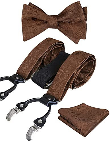 Alizeal Hombre Ajustable Floral Paisley Pajarita Atada, Pañuelo de Bolsillo y Elástico en Forma de Y 6 Clips Tirantes Conjunto, Marrón