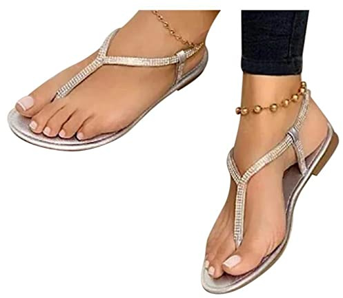 ticticlily Sandales Femmes Plates Été Bout Ouvert Bouche Style Romain Sandales Chaussures Femmes Tongs Bride Cheville Soirée Élégance Strass B Argenté 36 EU