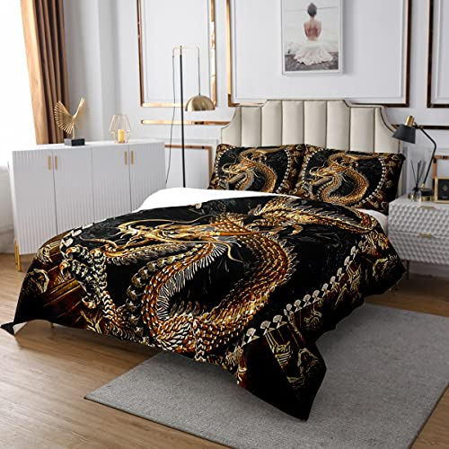 Loussiesd Drachen Kinder Tiefe Tasche Steppdecke Fabeltier Kreatur Kunst Drachen Tagesdeck 220x240cm Wohndecke Für Mädchen Damen Schwarz Gold Dekor Bettüberwurf Magisch Schlafzimmer 3St