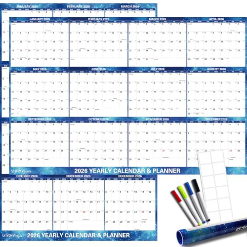 32 x 48 2026 Wall Calendar Dry Erase - Large Starry Sky Calendar Wet & Dry Erasable Laminated 12 Month Annual Yearly Planner, Reversible, Horizontal/Vertical, Blue