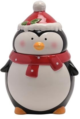 Santa & Friends - Penguin Cookie Jar - Glazed Ceramic Xmas Kitchen & Dining Room Home Decor For Festive Season Gifting And Homeware - Red/White/Black - H: 23cm x W: 15cm x D: 15cm.