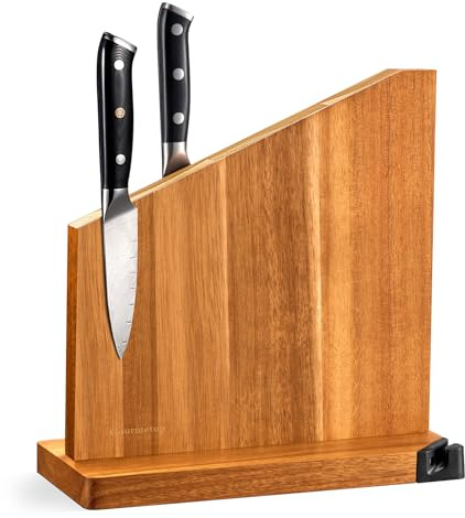 Gourmetop Magnetic Knife Holder with Built-in Sharpener, 100% Acacia Wood Magnetic Knife Block without Knives, Strong Double-Sided Magnetic Knife Holder for Kitchen Countertop Organization, Light Wood