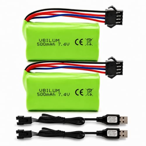 VBILUM Batteria SM-4P da 7,4 V, 500 mAh, spina a 4 pin, per camion RC DE85 1:12 RC Truck XS-1S RC1-MR 1:16 anfibi auto telecomandata Monster Truck batteria e cavo di ricarica USB (2 pezzi)