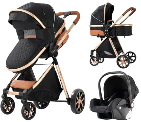 Cochecito 3 en 1 combi negro y oro rosa, juego de cochecito con capazo y carrito deportivo