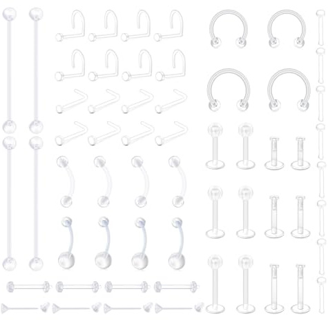LAURITAMI 60 st genomskinliga piercingbehållare, genomskinliga näsdubbar septum ring läpp tungringar ögonbrynsring magstänger bröstvårtsringar broskörhängen industriella stänger, osynlig piercing