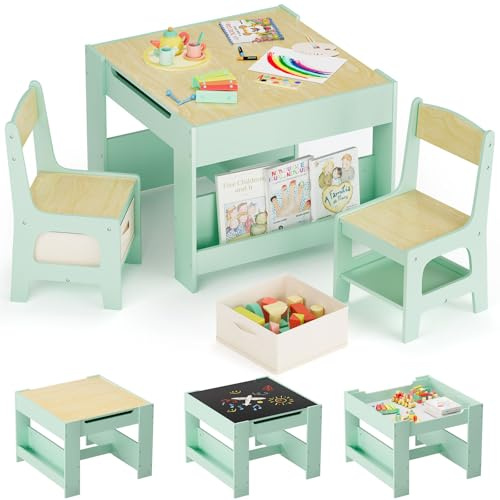 Clevich Table Enfant avec 2 chaises, Table Enfant en Bois avec Rangement, à Dessin et Jouer, Ensemble Bureau et chaises avec Plateau de Réversible, pour Chambre d'enfant, 3-7 Ans, Bois et Vert