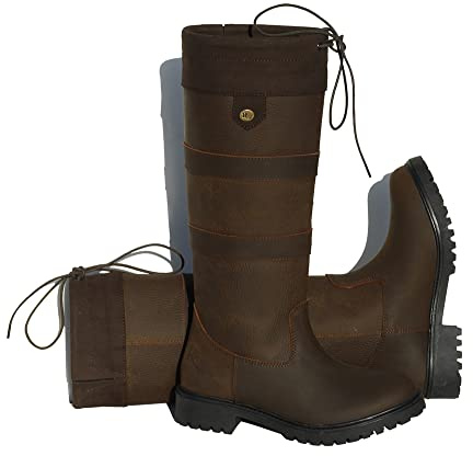 Rhinegold ELITE BROOKLYN CHILDREN'S LEATHER COUNTRY BOOTS – Durable Kids' Waxy Leather Boots with Faux Suede Cuff & Drawstring – Non-Slip Sole for Yard, Country & Everyday Wear
