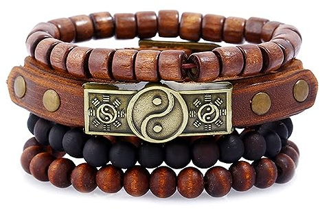 GAUEIOUR Cowhide Wood Bead Bracelet,Wooden Beaded Bracelet Bangle for Men Women,Bagua Cowhide Tribal Bracelets, Multi layered Beaded Wood Bead Bracelets(4PCS)