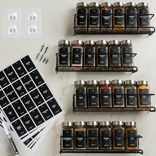 Deco haus® Gewürzregal Wand ohne Bohren [MIT 24 GEWÜRZGLÄSER & ETIKETTEN] - Gewürzregal Hängend 4er Set - Gewürzhalter Ohne Bohren Schwarz - Gewürzhalter - Spice Rack Organizer
