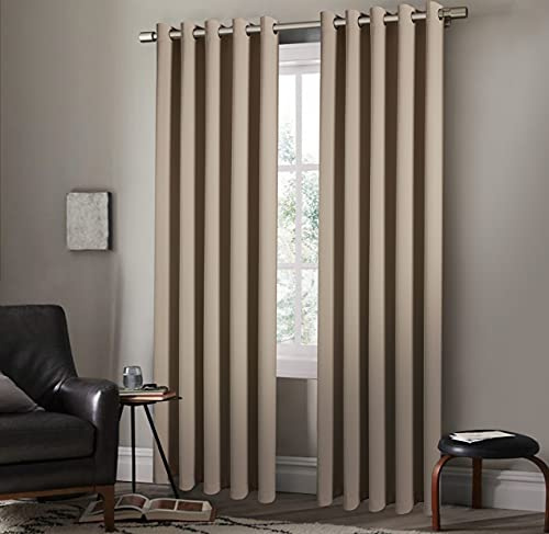 StylemyBedroom Pair of Eyelet Ring Top Thermal Blackout Curtains with Tie Backs – Plain, Insulated, Energy-Efficient, Light-Blocking, Noise-Reducing, Lined Design (Beige, W 46 x L 72 (2 Panels))
