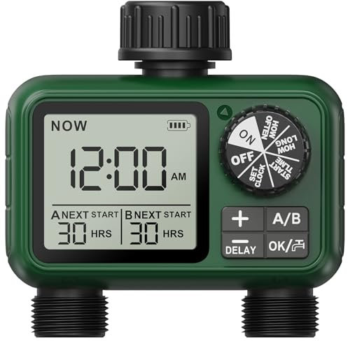 Bewässerungscomputer 2 Ausgänge, Großes LCD-Display Bewässerungsuhr, Automatische Bewässerung Zeitschaltuhr mit Regenverzögertem/Manuellem/Wasserhahn-Zeitschaltuhr für Garten