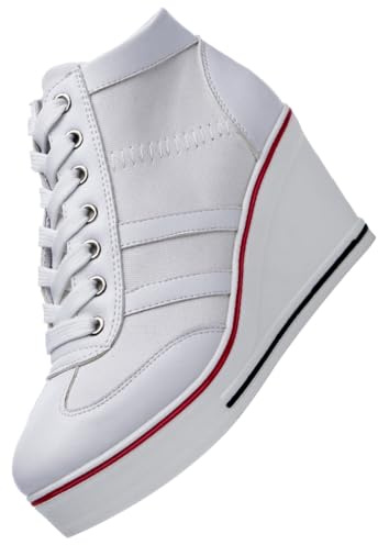 rismart Femme Toile Baskets à Talon Compensé Plate-Forme Chaussures Hautes Décontractées, Blanc, 37 EU