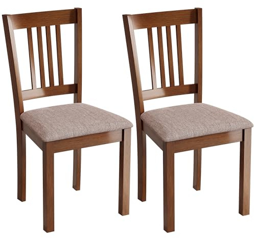 HOMCOM Dining Chairs Set of 2, Solid Wood Kitchen Chairs, Mid Century Modern Linen Fabric Upholstered for Dining Room, Living Room, Walnut Frame and Taupe Upholstery